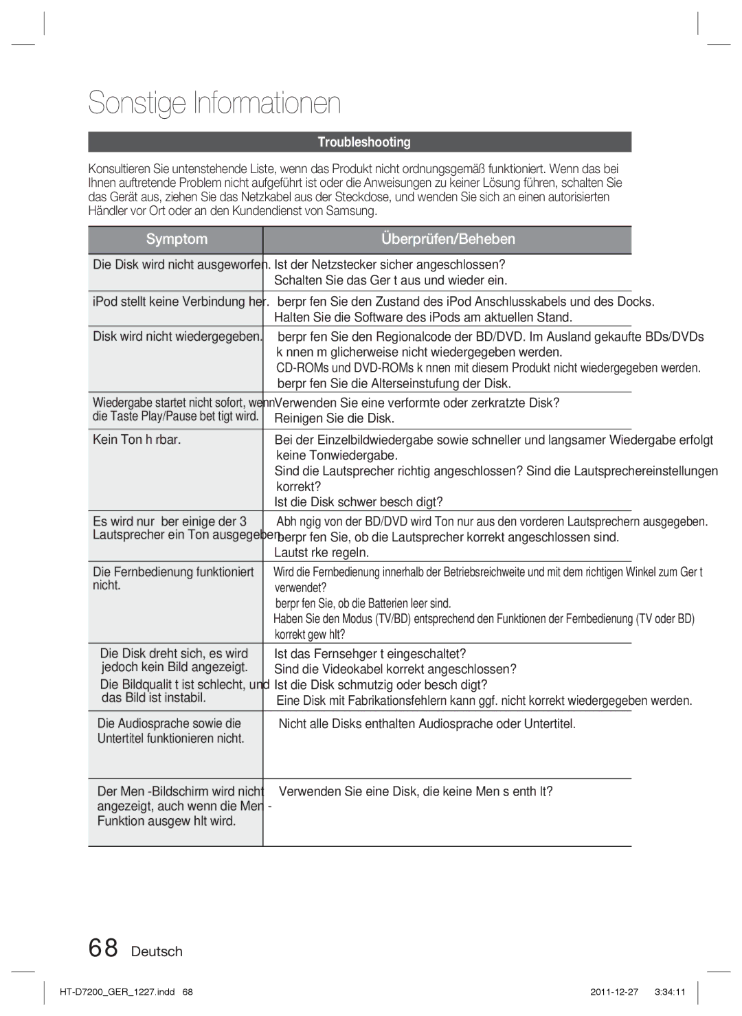 Samsung HT-D7200B/ZF, HT-D7200/XN, HT-D7200/EN, HT-D7200B/XN, HT-D7200/ZF manual Sonstige Informationen, Troubleshooting 