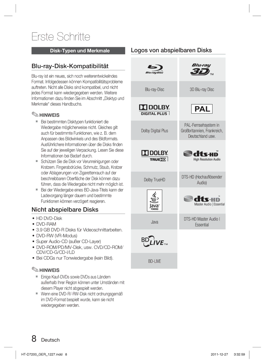 Samsung HT-D7200B/ZF manual Blu-ray-Disk-Kompatibilität, Nicht abspielbare Disks, Disk-Typen und Merkmale, Dvd-Ram, Bd-Live 