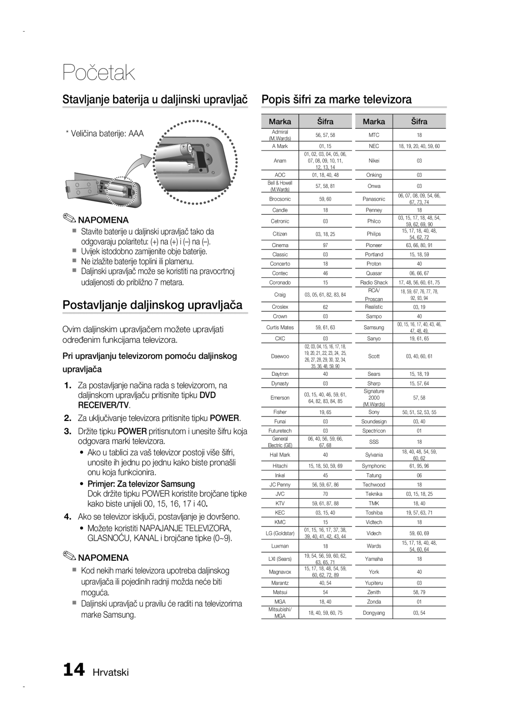 Samsung HT-D720/EN manual Postavljanje daljinskog upravljača, Veličina baterije AAA, ~ Primjer Za televizor Samsung 