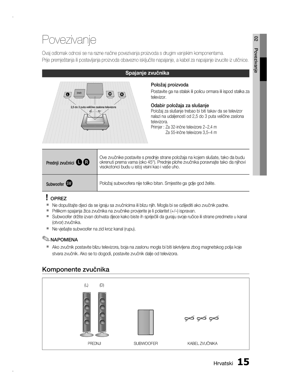 Samsung HT-D720/EN manual Povezivanje, Komponente zvučnika, Spajanje zvučnika, Prednji zvučnici ei Subwoofer g, Oprez 