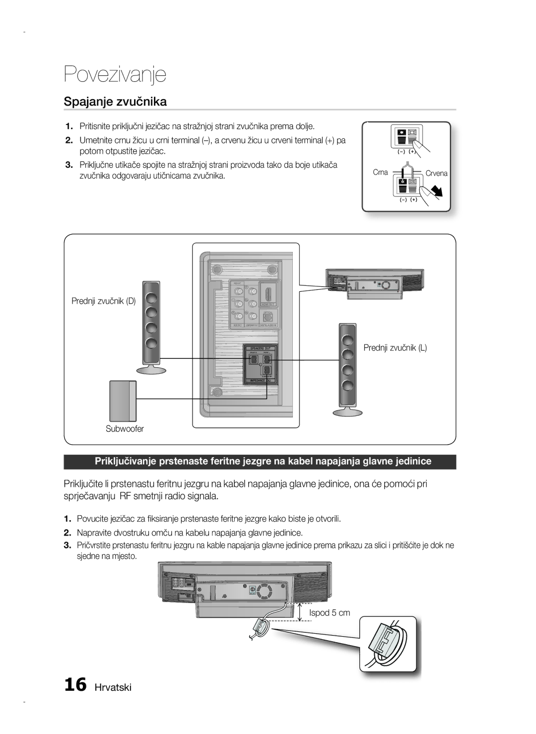 Samsung HT-D720/EN manual Spajanje zvučnika, Prednji zvučnik D Prednji zvučnik L Subwoofer, Ispod 5 cm 