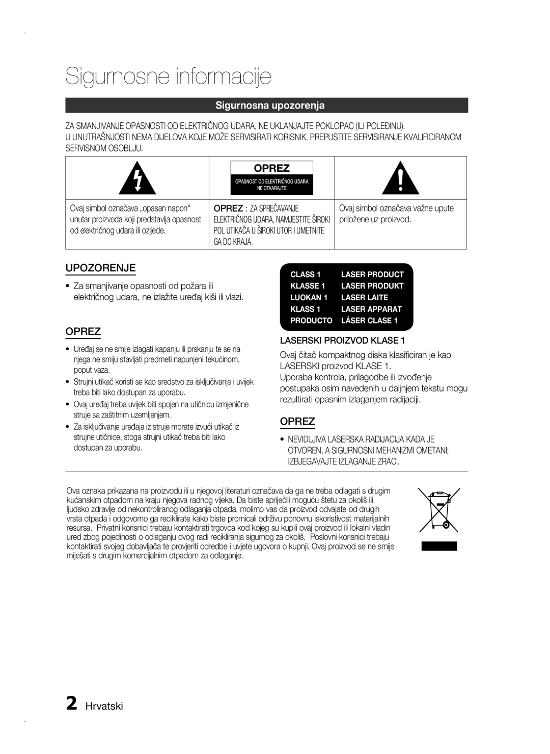 Samsung HT-D720/EN manual Sigurnosne informacije, Sigurnosna upozorenja,  Hrvatski 