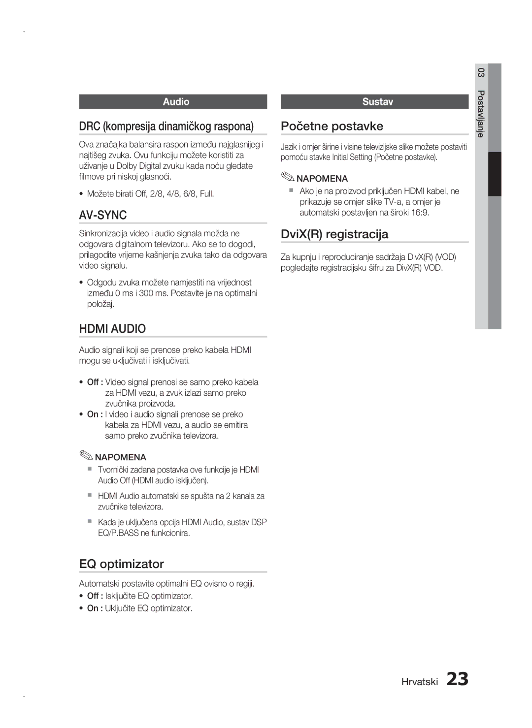 Samsung HT-D720/EN manual EQ optimizator, Početne postavke, DviXR registracija, Audio, Sustav 