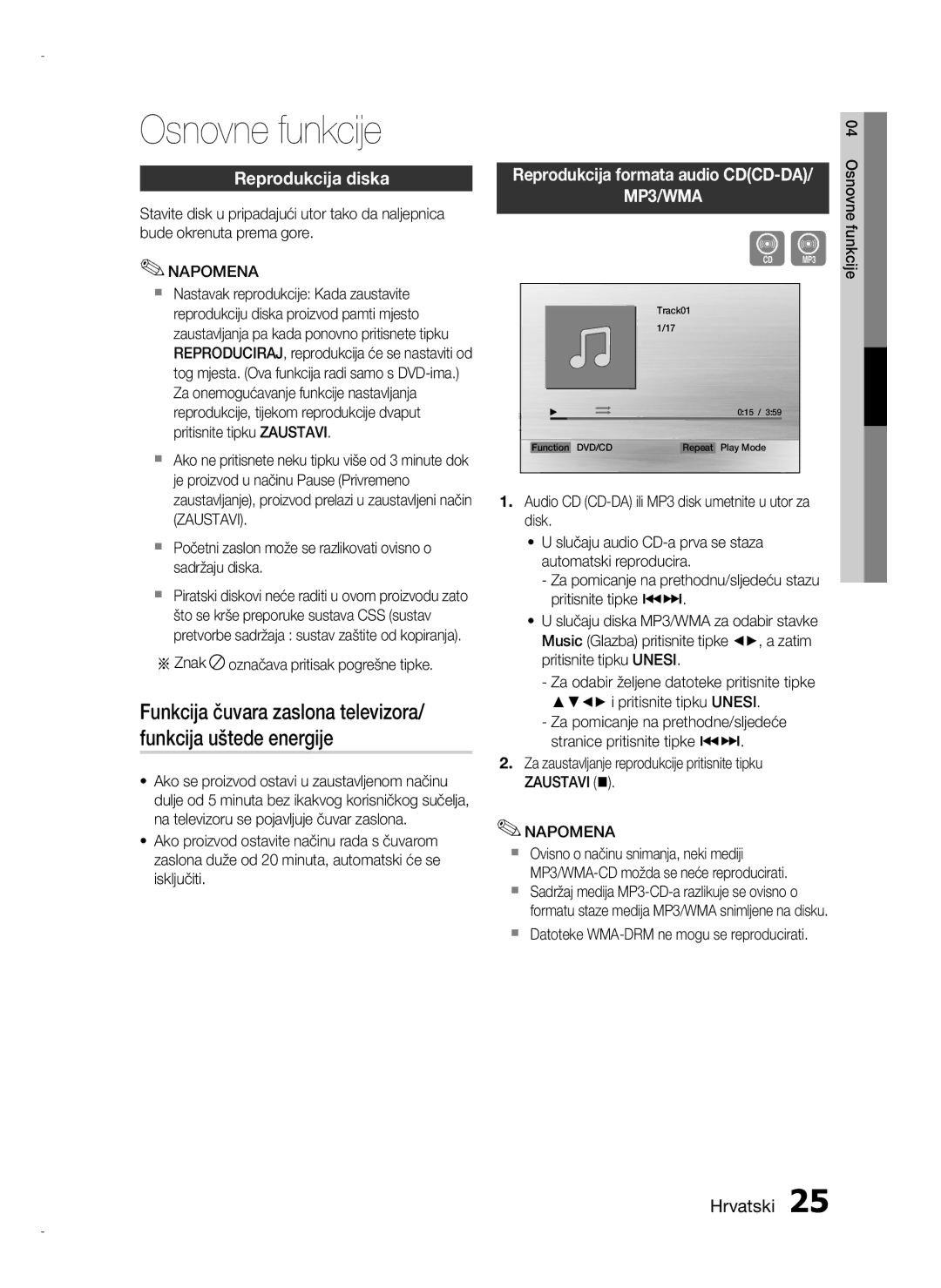 Samsung HT-D720/EN manual Osnovne funkcije, Reprodukcija diska, Reprodukcija formata audio CDCD-DA, Zaustavi @ Napomena 