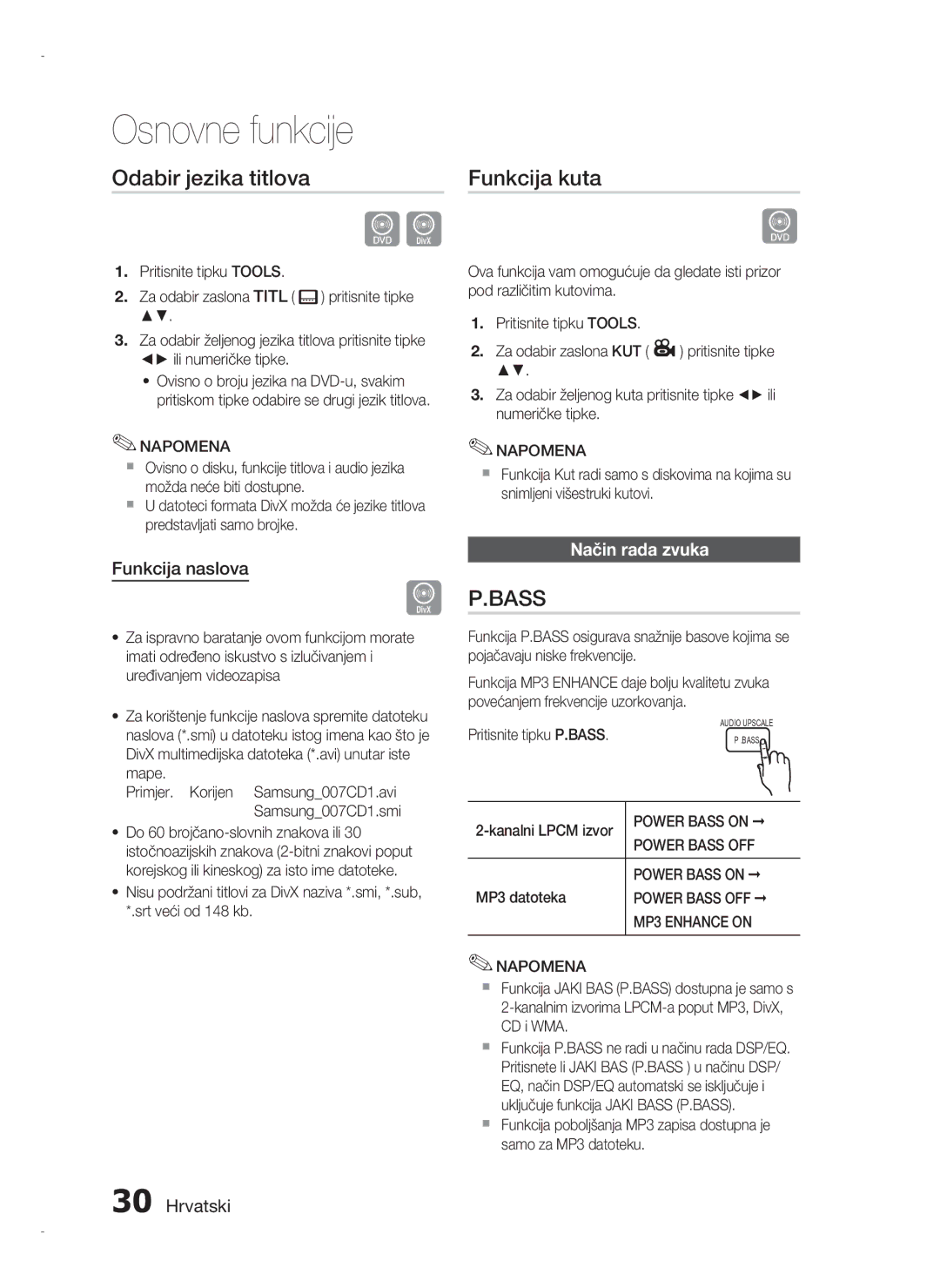 Samsung HT-D720/EN manual Odabir jezika titlova, Funkcija kuta, Funkcija naslova, Način rada zvuka 