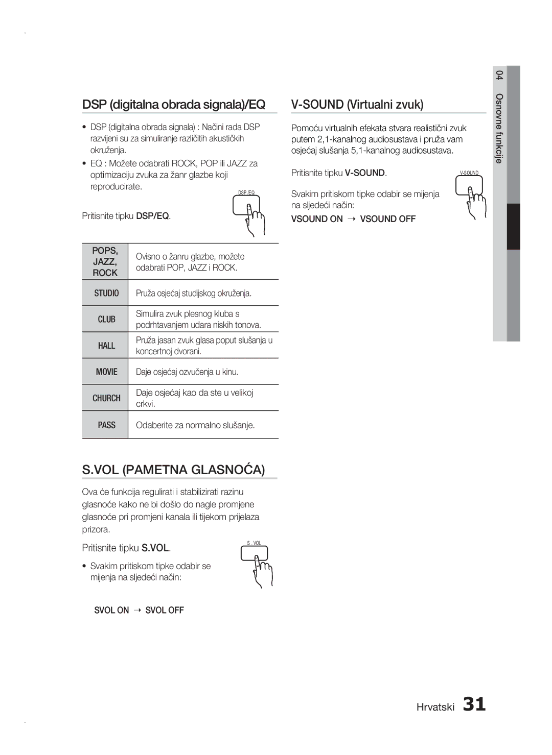 Samsung HT-D720/EN manual DSP digitalna obrada signala/EQ, Sound Virtualni zvuk, Pritisnite tipku S.VOL 