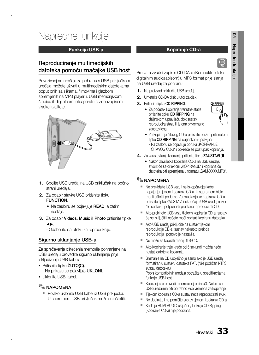 Samsung HT-D720/EN manual Napredne funkcije, Funkcija USB-a, Sigurno uklanjanje USB-a, Kopiranje CD-a, Function 