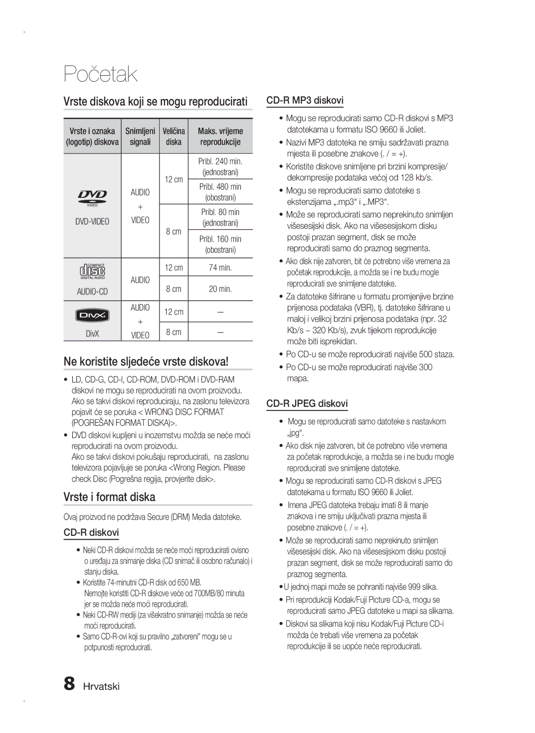 Samsung HT-D720/EN manual Ne koristite sljedeće vrste diskova, Vrste i format diska, CD-R diskovi, CD-R MP3 diskovi 