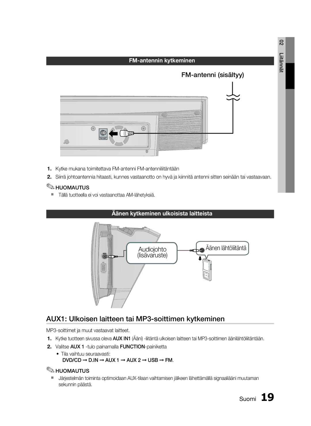 Samsung HT-D720/XE manual AUX1 Ulkoisen laitteen tai MP3-soittimen kytkeminen, FM-antenni sisältyy, FM-antennin kytkeminen 