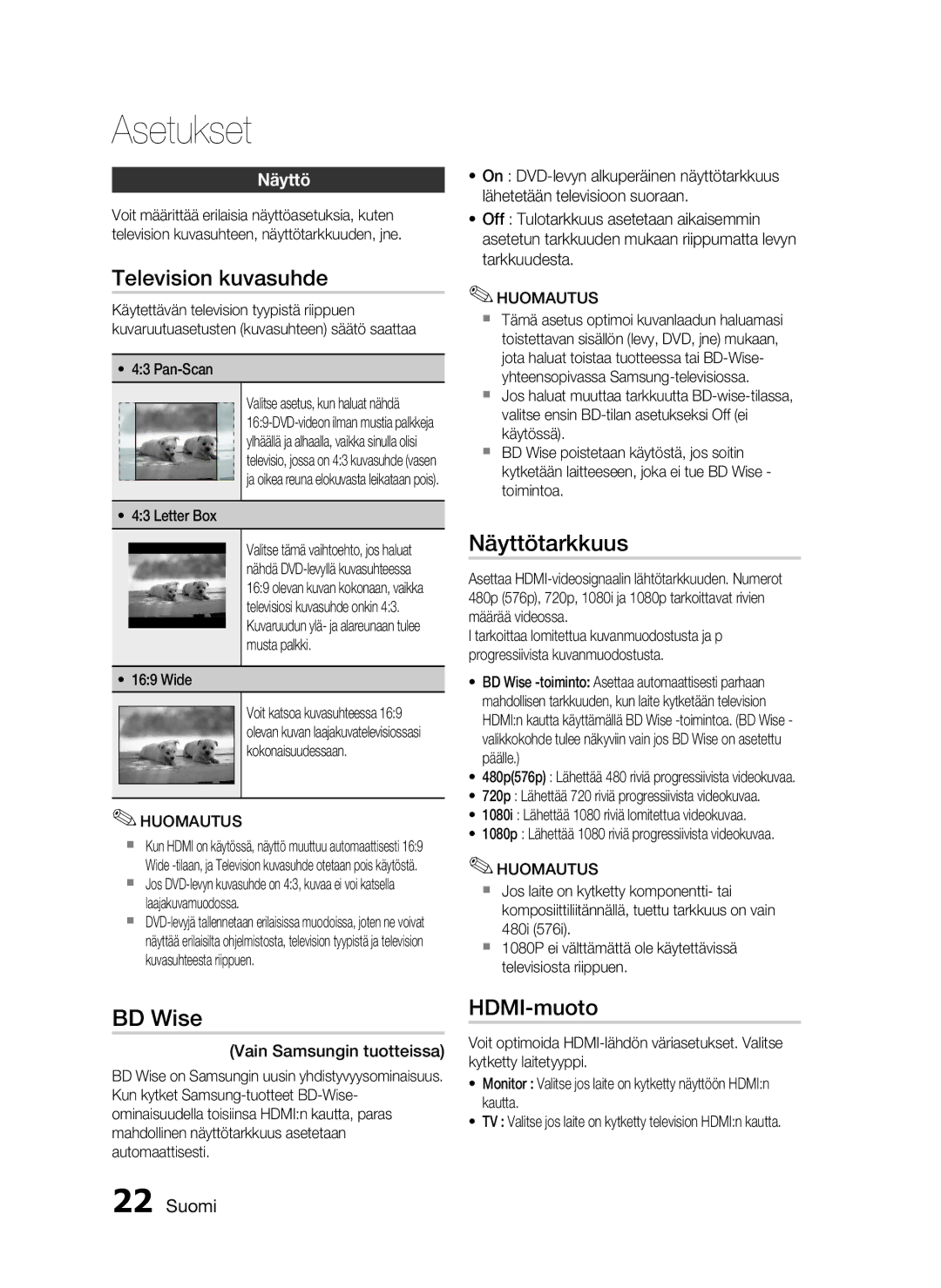 Samsung HT-D720/XE manual Television kuvasuhde, Näyttötarkkuus, BD Wise, HDMI-muoto 