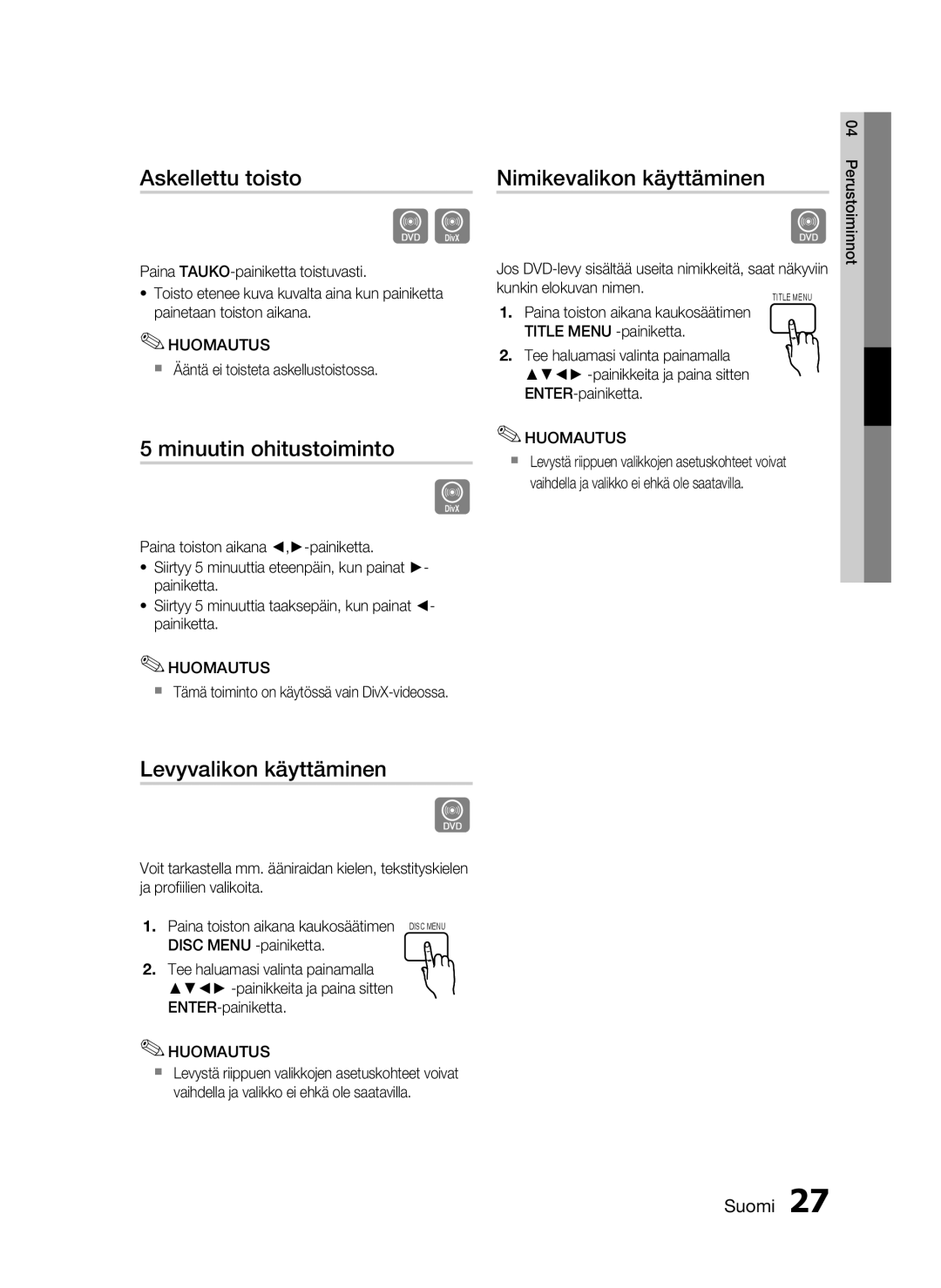 Samsung HT-D720/XE manual Askellettu toisto, Minuutin ohitustoiminto, Nimikevalikon käyttäminen, Levyvalikon käyttäminen 