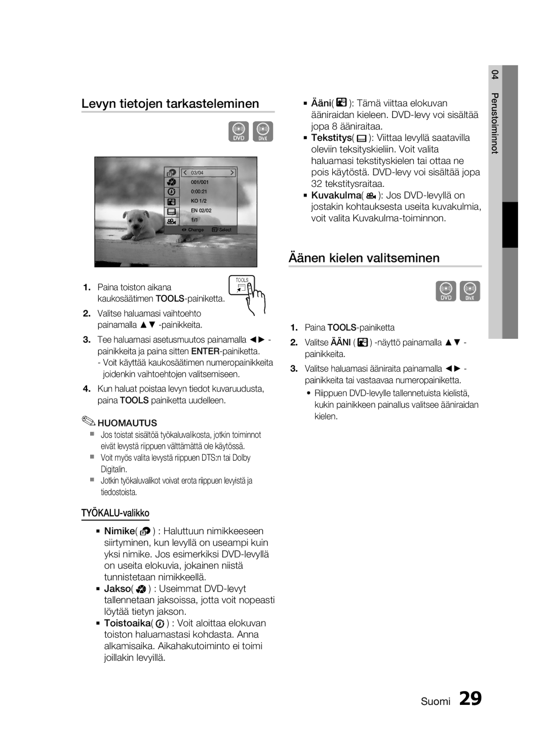 Samsung HT-D720/XE Levyn tietojen tarkasteleminen, Äänen kielen valitseminen, TYÖKALU-valikko, Paina TOOLS-painiketta 