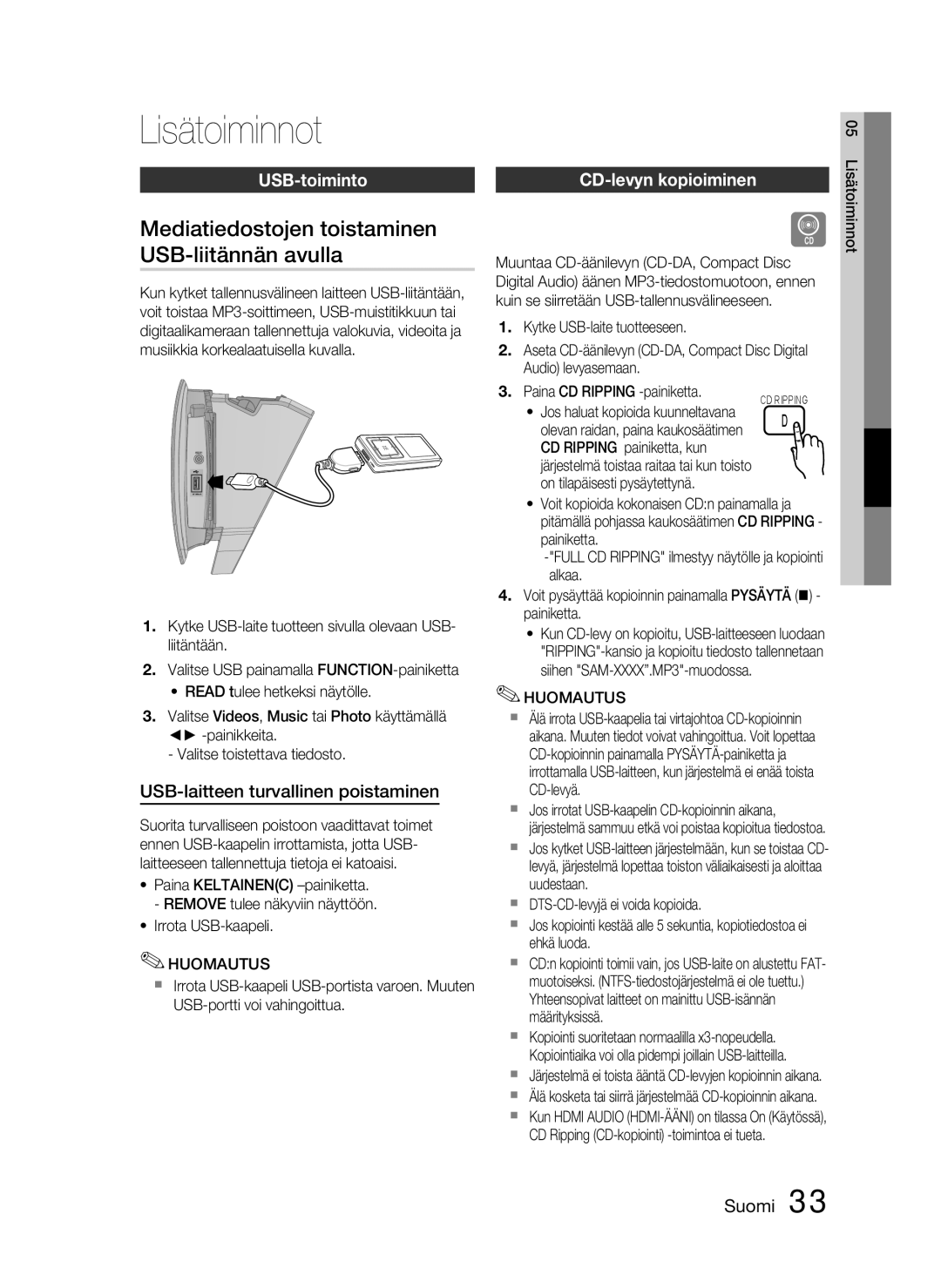 Samsung HT-D720/XE Lisätoiminnot, Mediatiedostojen toistaminen USB-liitännän avulla, USB-toiminto, CD-levyn kopioiminen 