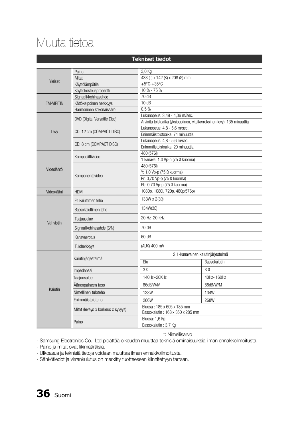 Samsung HT-D720/XE manual Tekniset tiedot, Yleiset, Paino X 142 K x 208 S mm +5C-+35C 10 % 75 % 70 dB 