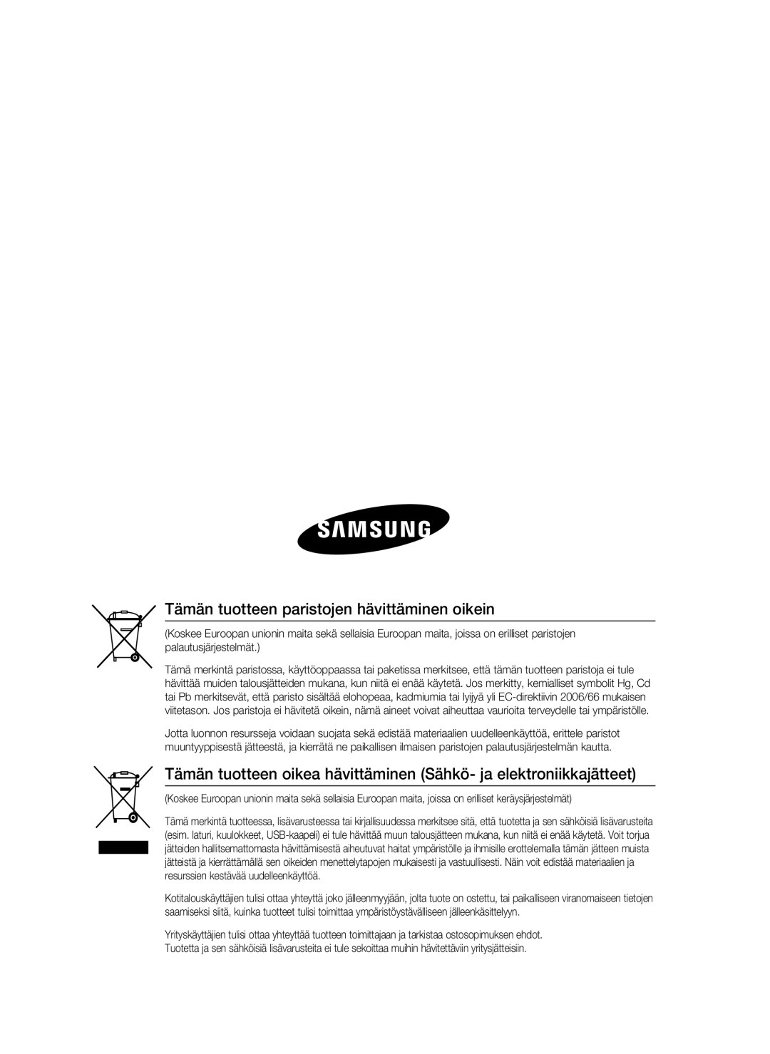 Samsung HT-D720/XE manual Tämän tuotteen paristojen hävittäminen oikein 