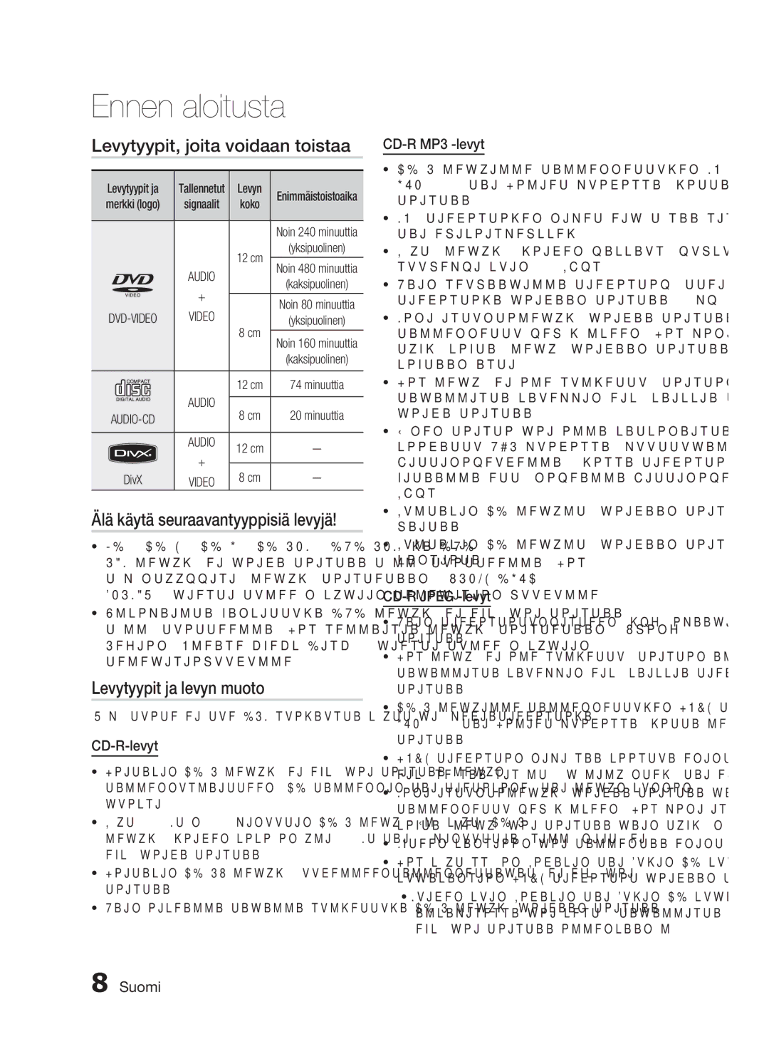 Samsung HT-D720/XE manual Levytyypit, joita voidaan toistaa, Älä käytä seuraavantyyppisiä levyjä, Levytyypit ja levyn muoto 