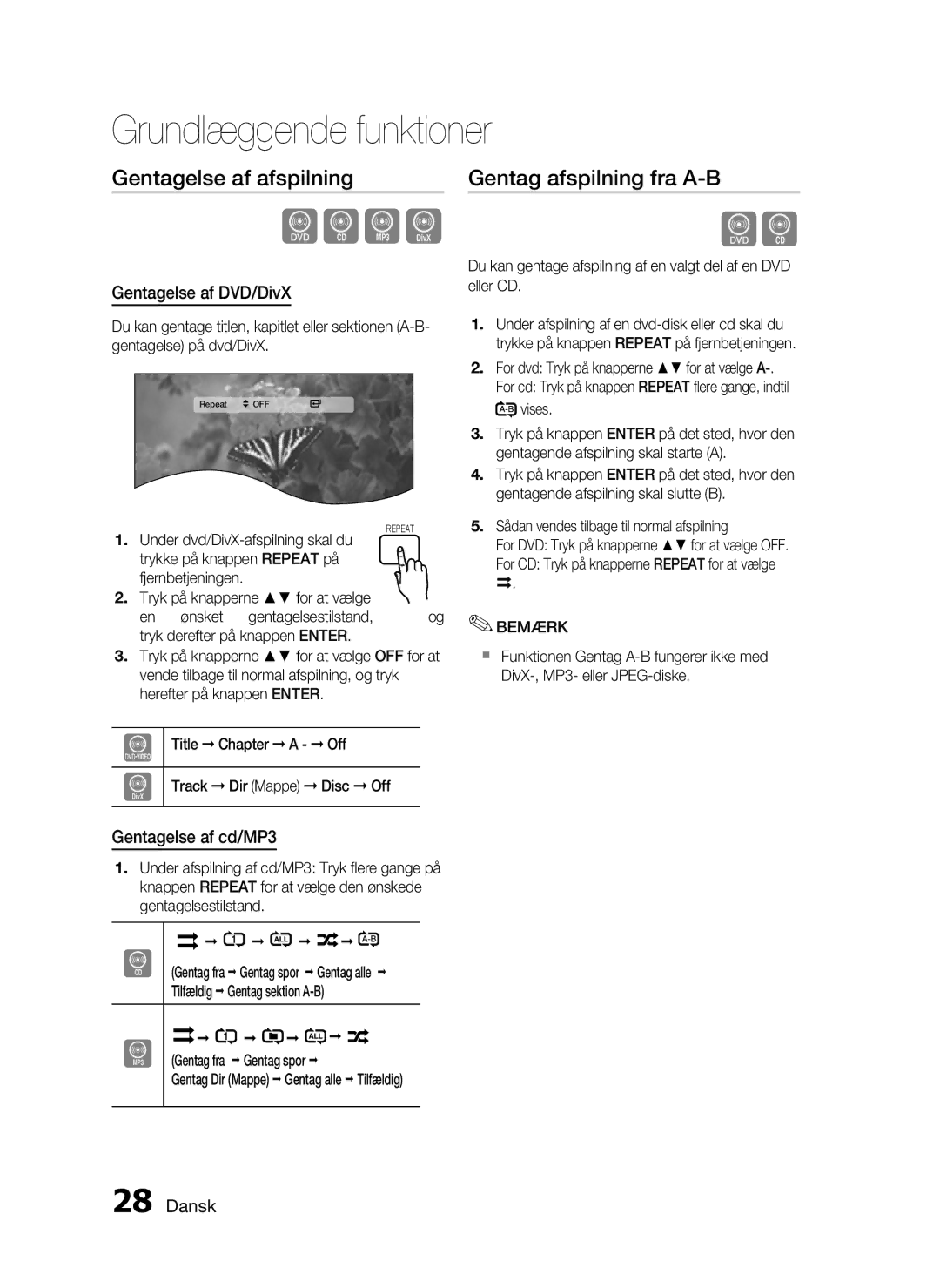 Samsung HT-D720/XE manual Gentagelse af afspilning, Gentag afspilning fra A-B, Gentagelse af DVD/DivX, Gentagelse af cd/MP3 