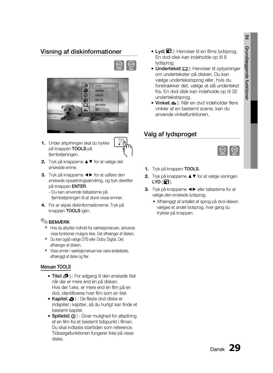 Samsung HT-D720/XE manual Visning af diskinformationer, Valg af lydsproget, Menuen Tools 