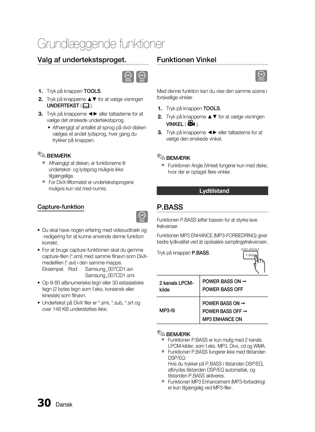 Samsung HT-D720/XE manual Valg af undertekstsproget, Funktionen Vinkel, Capture-funktion, Lydtilstand 