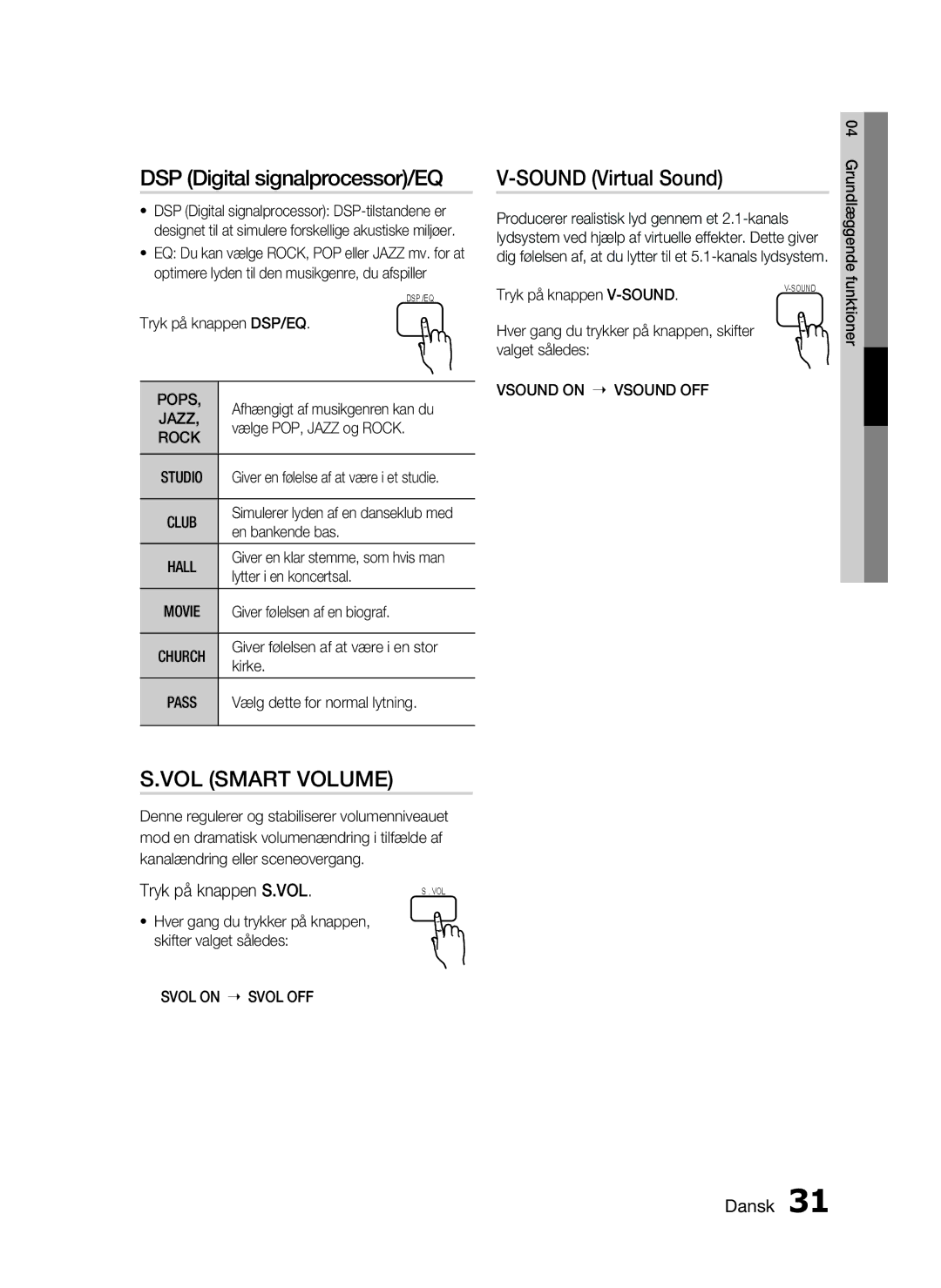 Samsung HT-D720/XE manual DSP Digital signalprocessor/EQ, Vol smart volume, Sound Virtual Sound, Tryk på knappen S.VOL 