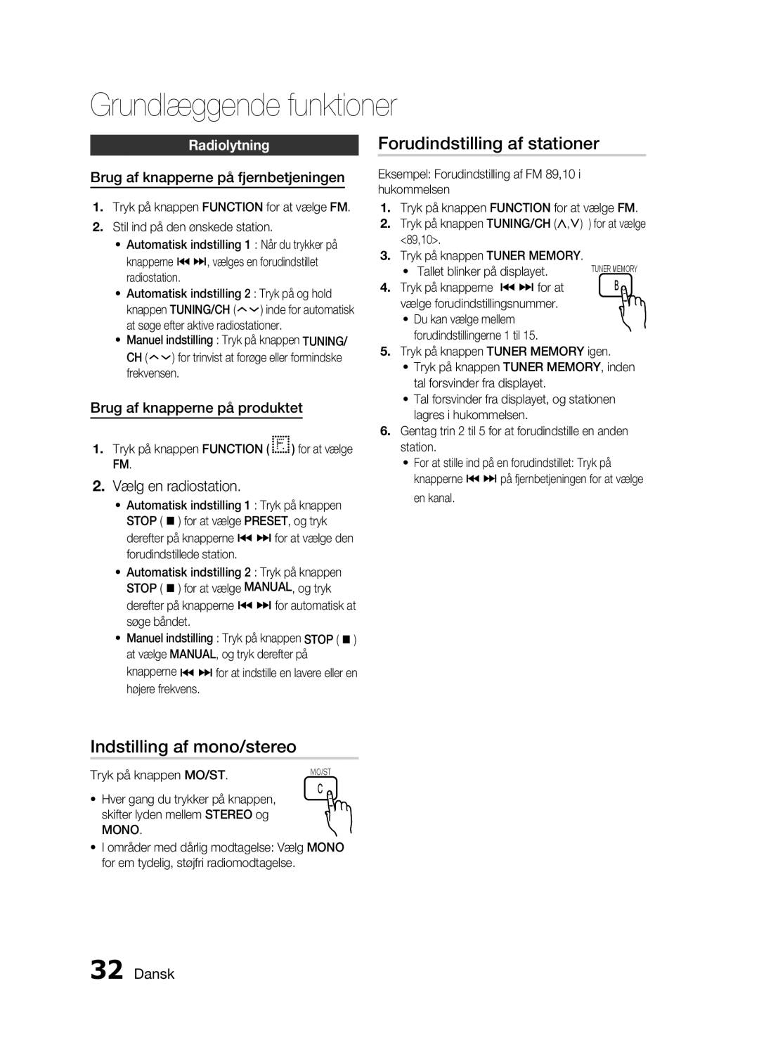 Samsung HT-D720/XE manual Indstilling af mono/stereo, Radiolytning, Brug af knapperne på fjernbetjeningen 