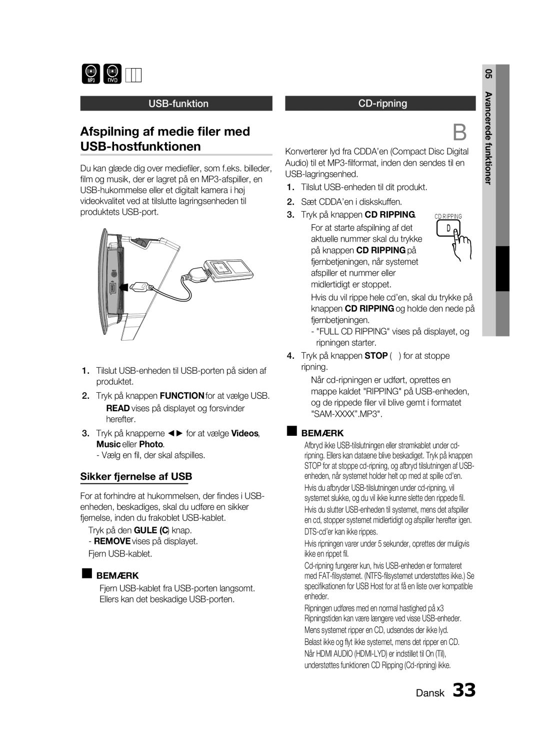 Samsung HT-D720/XE Afspilning af medie filer med USB-hostfunktionen, USB-funktion, Sikker fjernelse af USB, CD-ripning 