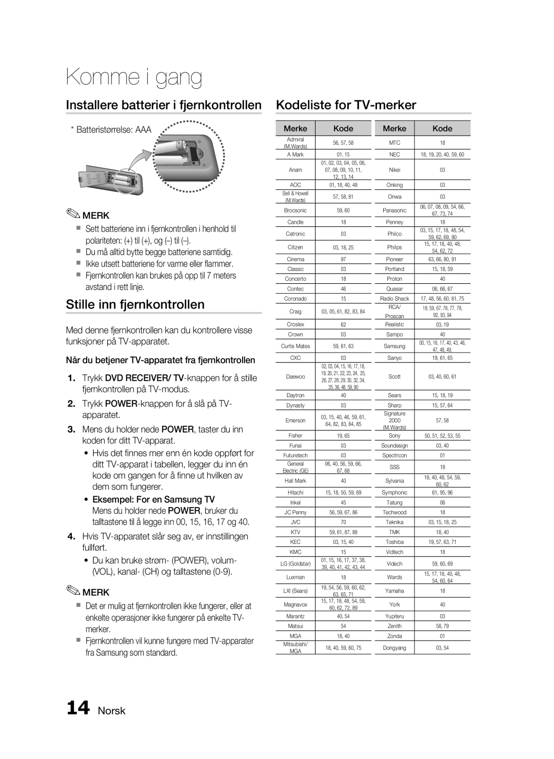 Samsung HT-D720/XE manual Stille inn fjernkontrollen, Batteristørrelse AAA, Merke Kode 