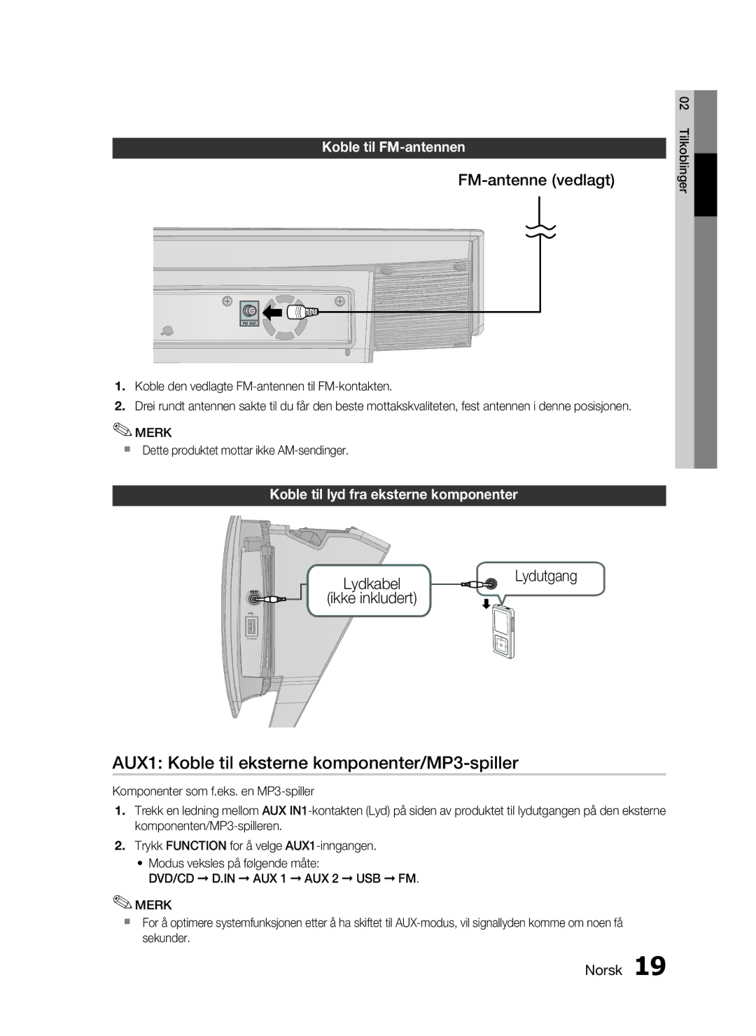 Samsung HT-D720/XE manual AUX1 Koble til eksterne komponenter/MP3-spiller, FM-antenne vedlagt, Koble til FM-antennen 