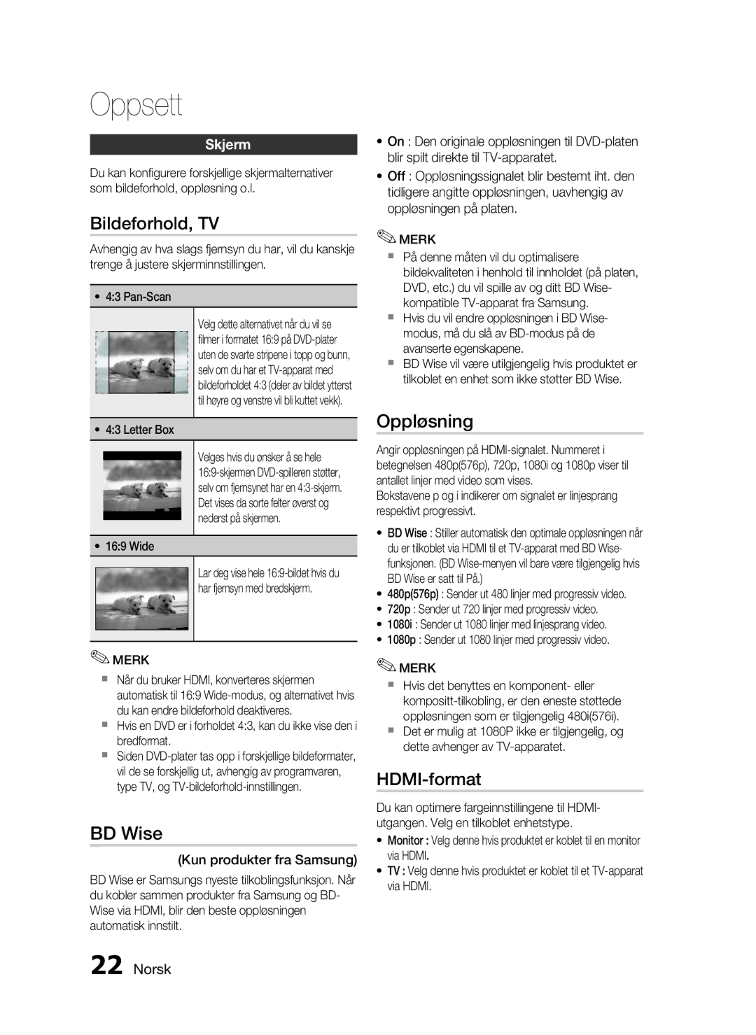 Samsung HT-D720/XE manual Bildeforhold, TV, BD Wise, Oppløsning, HDMI-format, Skjerm 