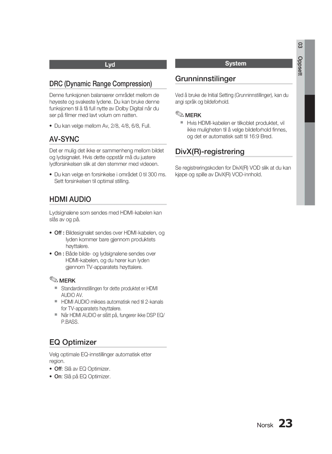 Samsung HT-D720/XE manual EQ Optimizer, Grunninnstilinger, DivXR-registrering, Lyd, System 