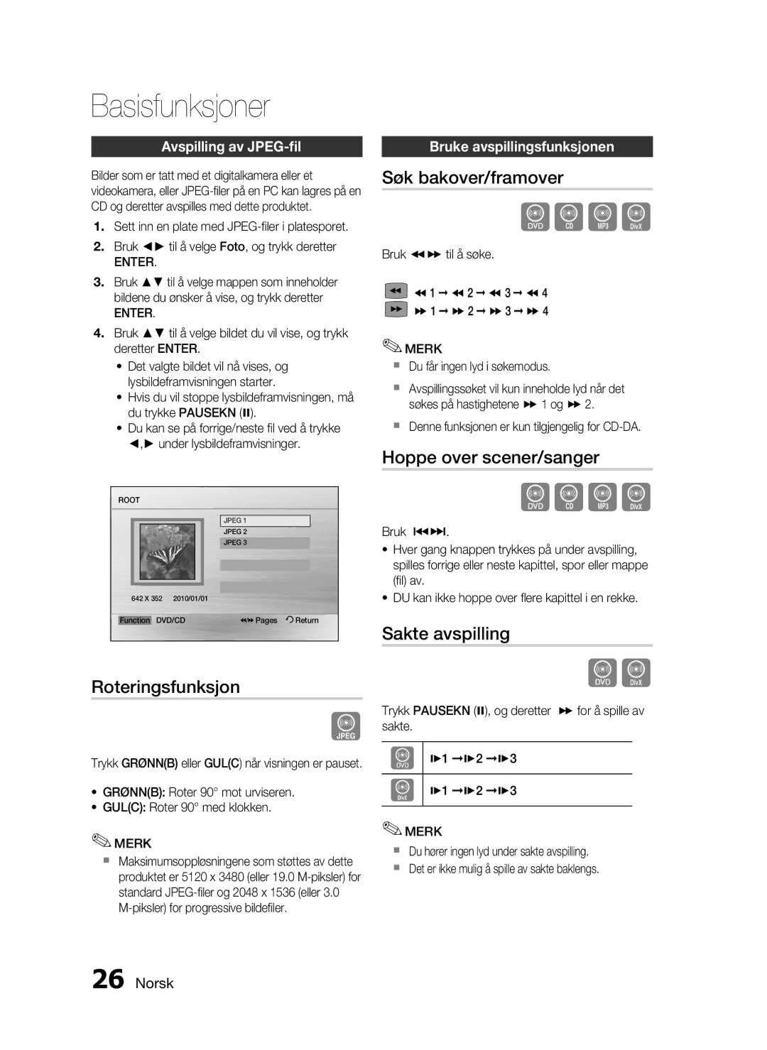 Samsung HT-D720/XE manual Søk bakover/framover, Hoppe over scener/sanger, Roteringsfunksjon, Sakte avspilling 