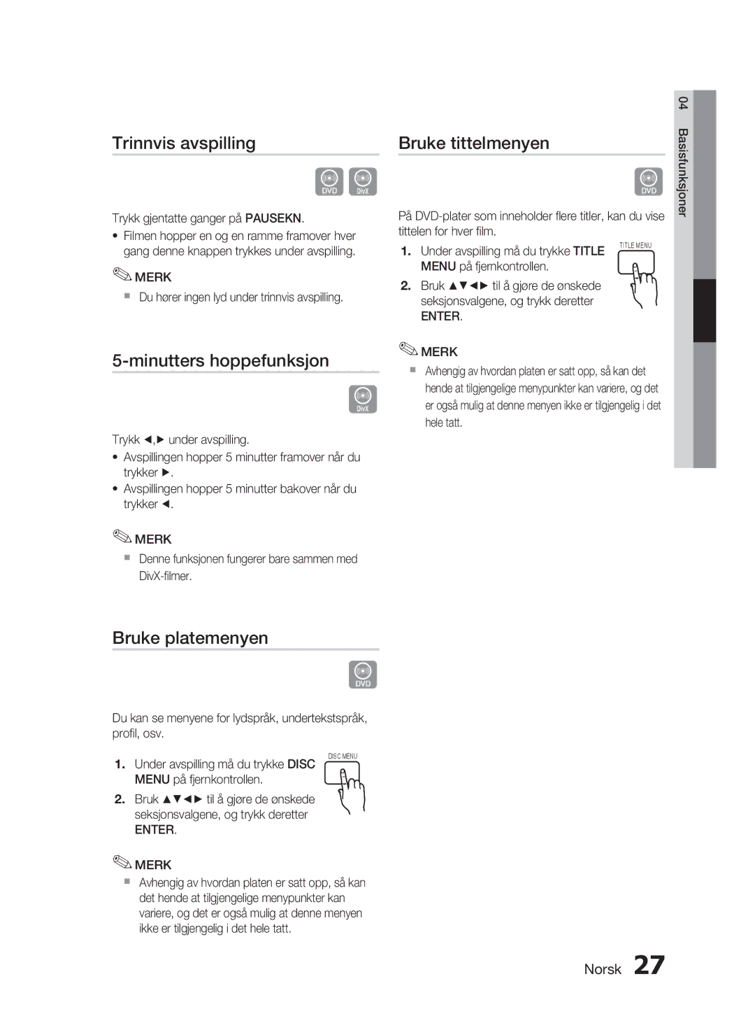 Samsung HT-D720/XE manual Trinnvis avspilling, Minutters hoppefunksjon, Bruke tittelmenyen, Bruke platemenyen, Enter Merk 