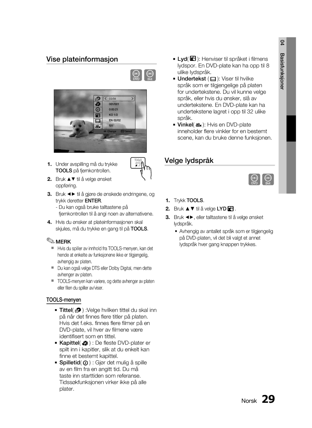 Samsung HT-D720/XE manual Vise plateinformasjon, Velge lydspråk, TOOLS-menyen 