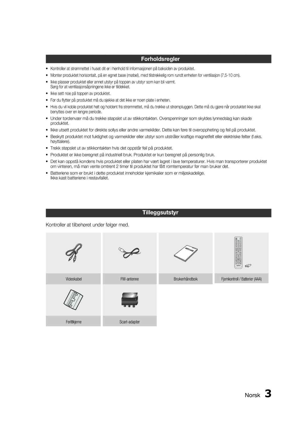 Samsung HT-D720/XE manual Forholdsregler, Tilleggsutstyr, Norsk , Kontroller at tilbehøret under følger med 