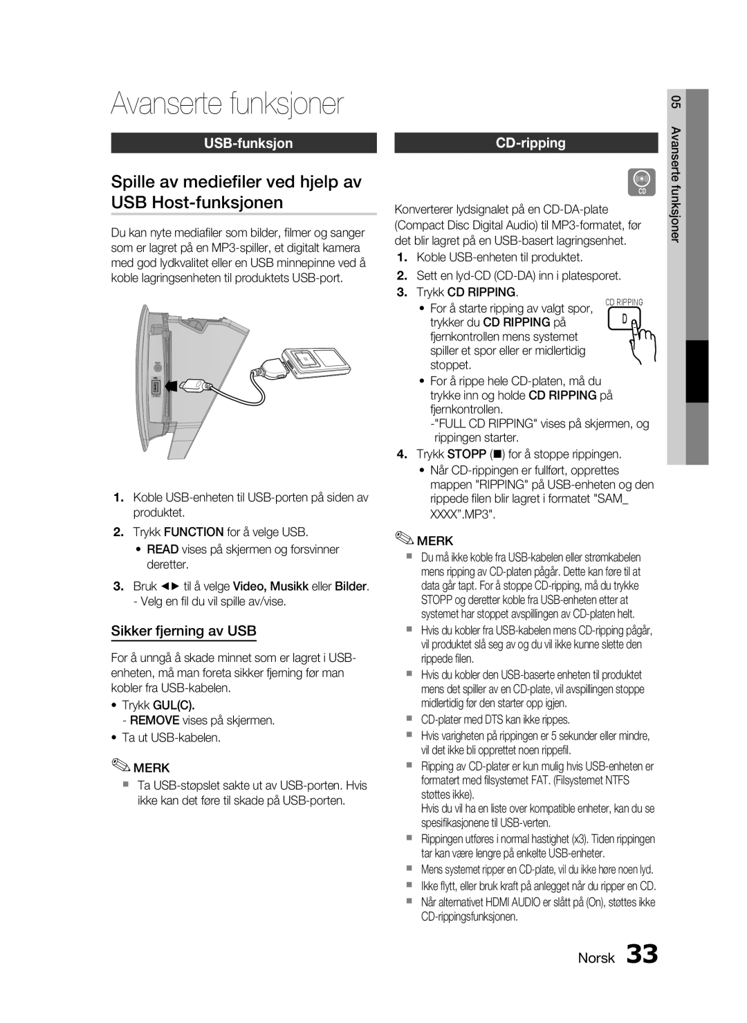 Samsung HT-D720/XE Spille av mediefiler ved hjelp av USB Host-funksjonen, USB-funksjon, Sikker fjerning av USB, CD-ripping 