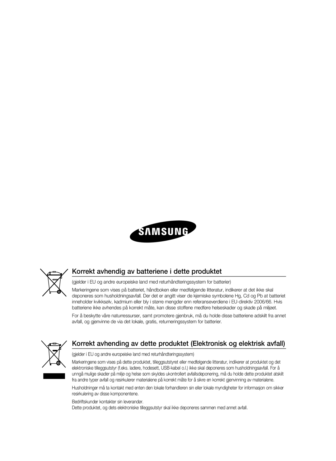 Samsung HT-D720/XE manual Korrekt avhendig av batteriene i dette produktet 