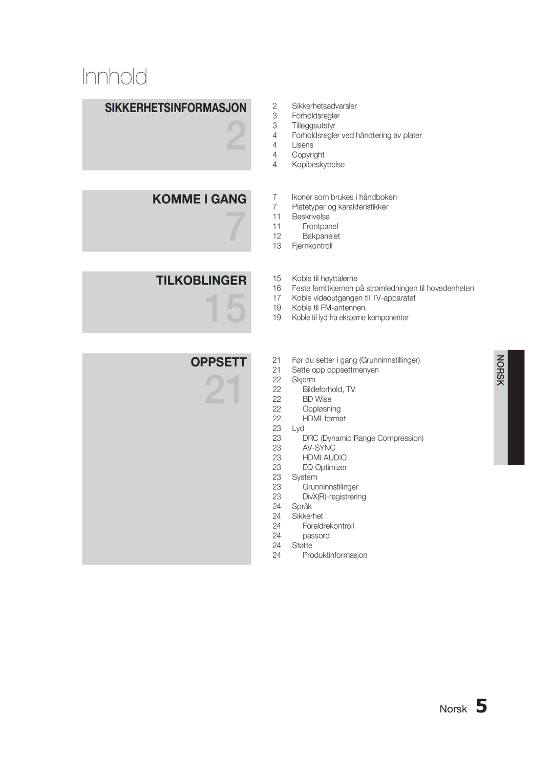 Samsung HT-D720/XE manual Innhold, Passord 24 Støtte Produktinformasjon 