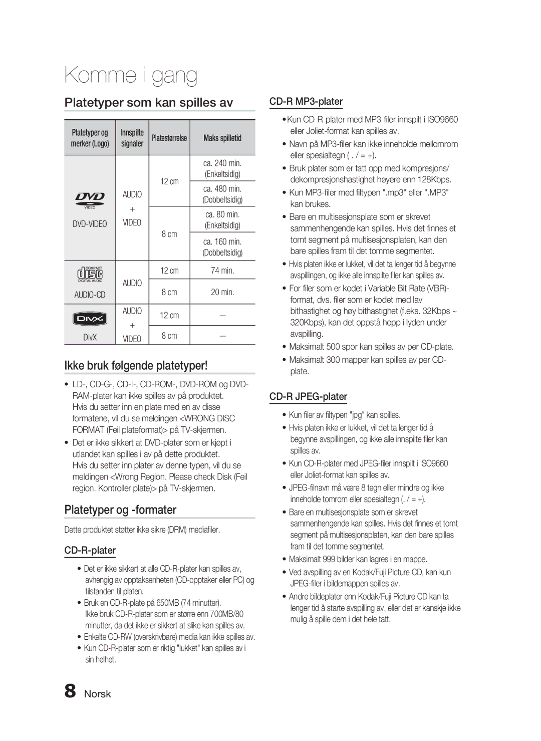 Samsung HT-D720/XE manual Platetyper som kan spilles av, Ikke bruk følgende platetyper, Platetyper og -formater 