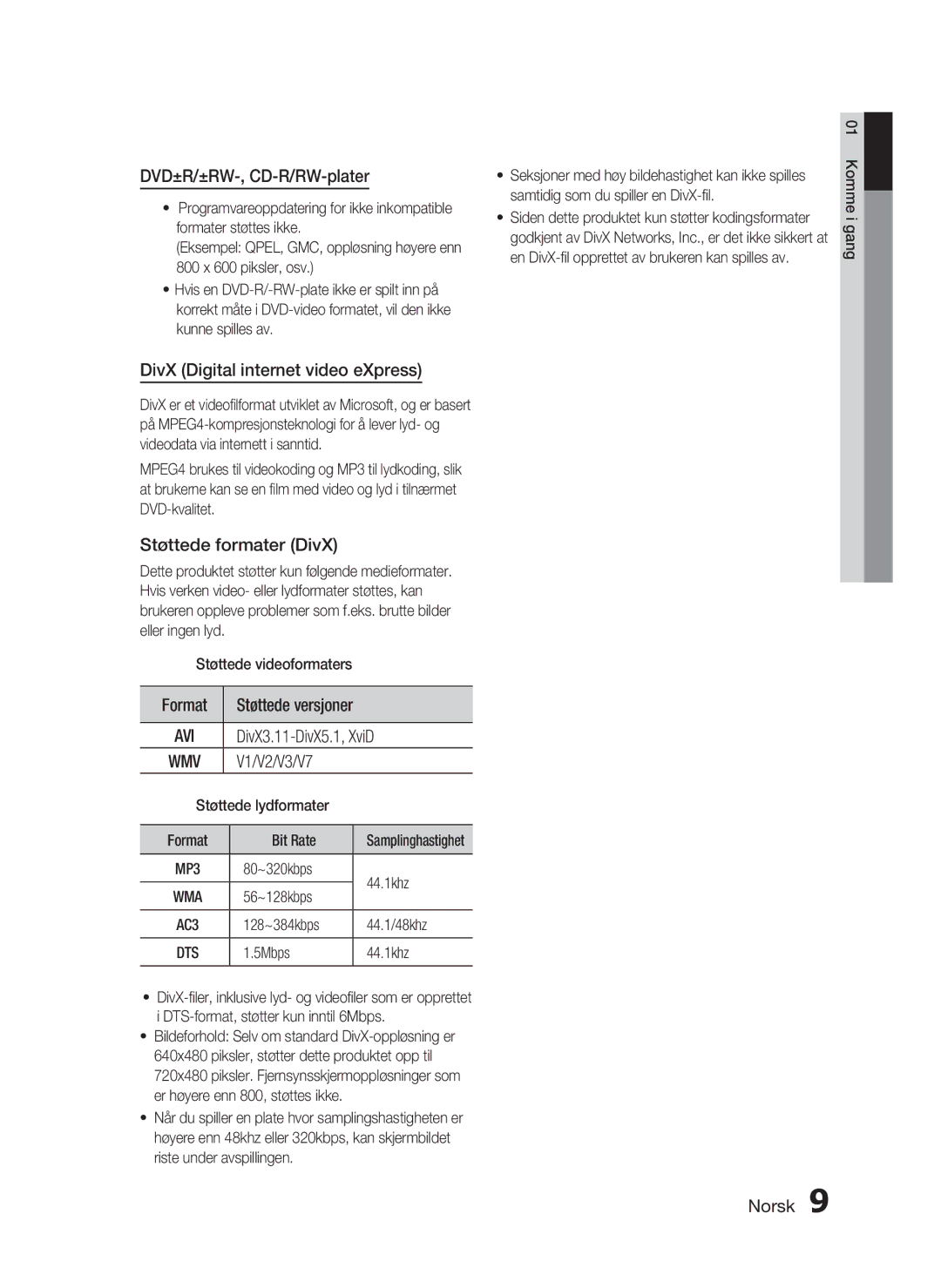 Samsung HT-D720/XE manual DVD±R/±RW-, CD-R/RW-plater, DivX Digital internet video eXpress, Støttede formater DivX, Format 