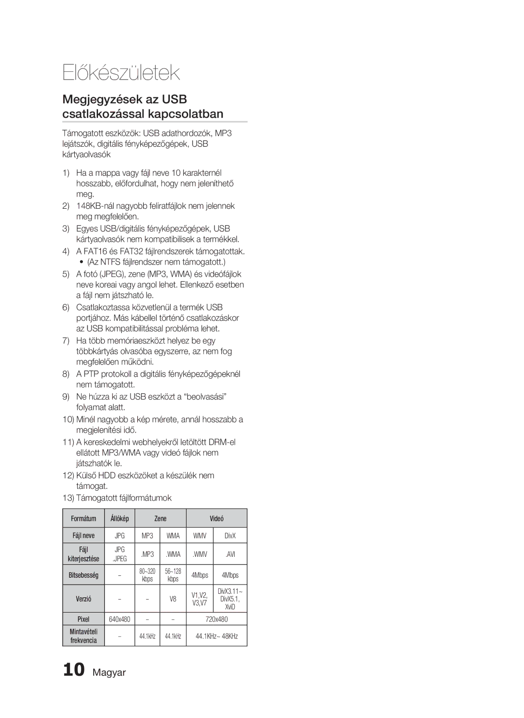 Samsung HT-D720/XE manual Megjegyzések az USB csatlakozással kapcsolatban, Magyar 