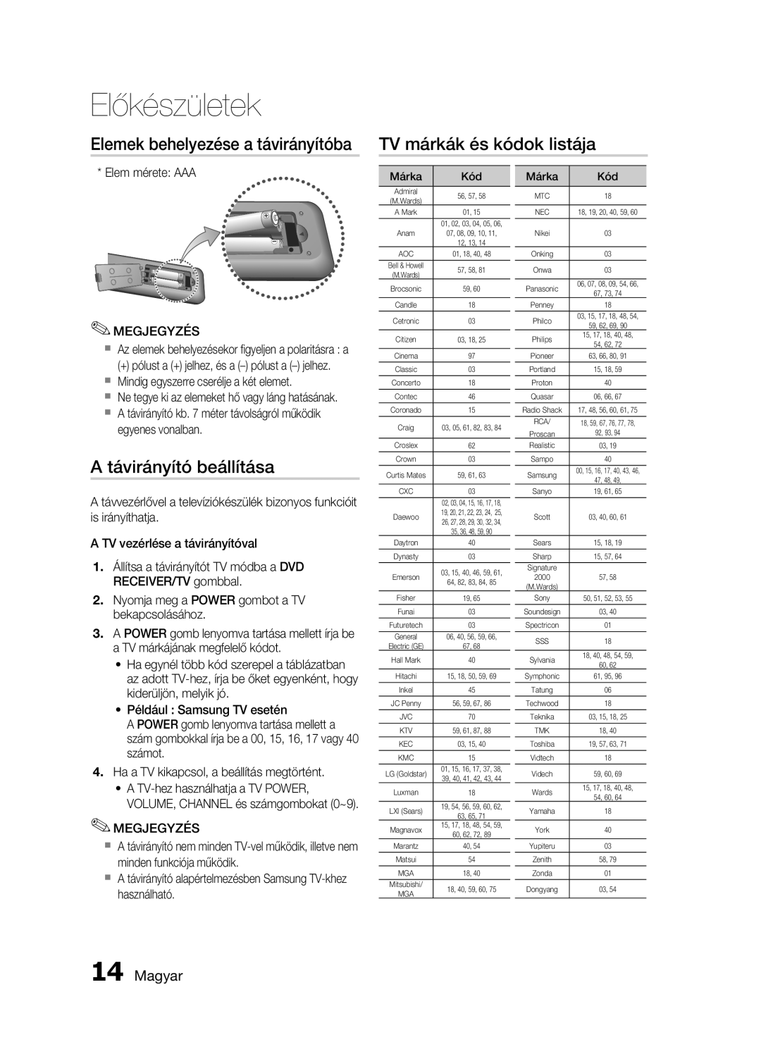 Samsung HT-D720/XE manual Távirányító beállítása, Elem mérete AAA, ` Mindig egyszerre cserélje a két elemet 