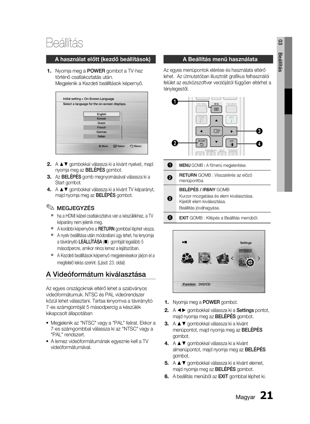 Samsung HT-D720/XE manual Beállítás, Videóformátum kiválasztása, Használat előtt kezdő beállítások 