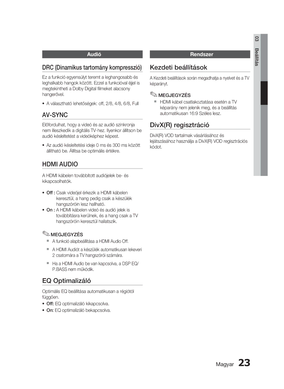 Samsung HT-D720/XE manual EQ Optimalizáló, Kezdeti beállítások, DivXR regisztráció, DRC Dinamikus tartomány kompresszió 