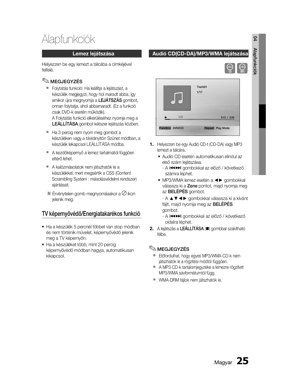 Samsung HT-D720/XE manual Alapfunkciók, Lemez lejátszása, TV képernyővédő/Energiatakarékos funkció 