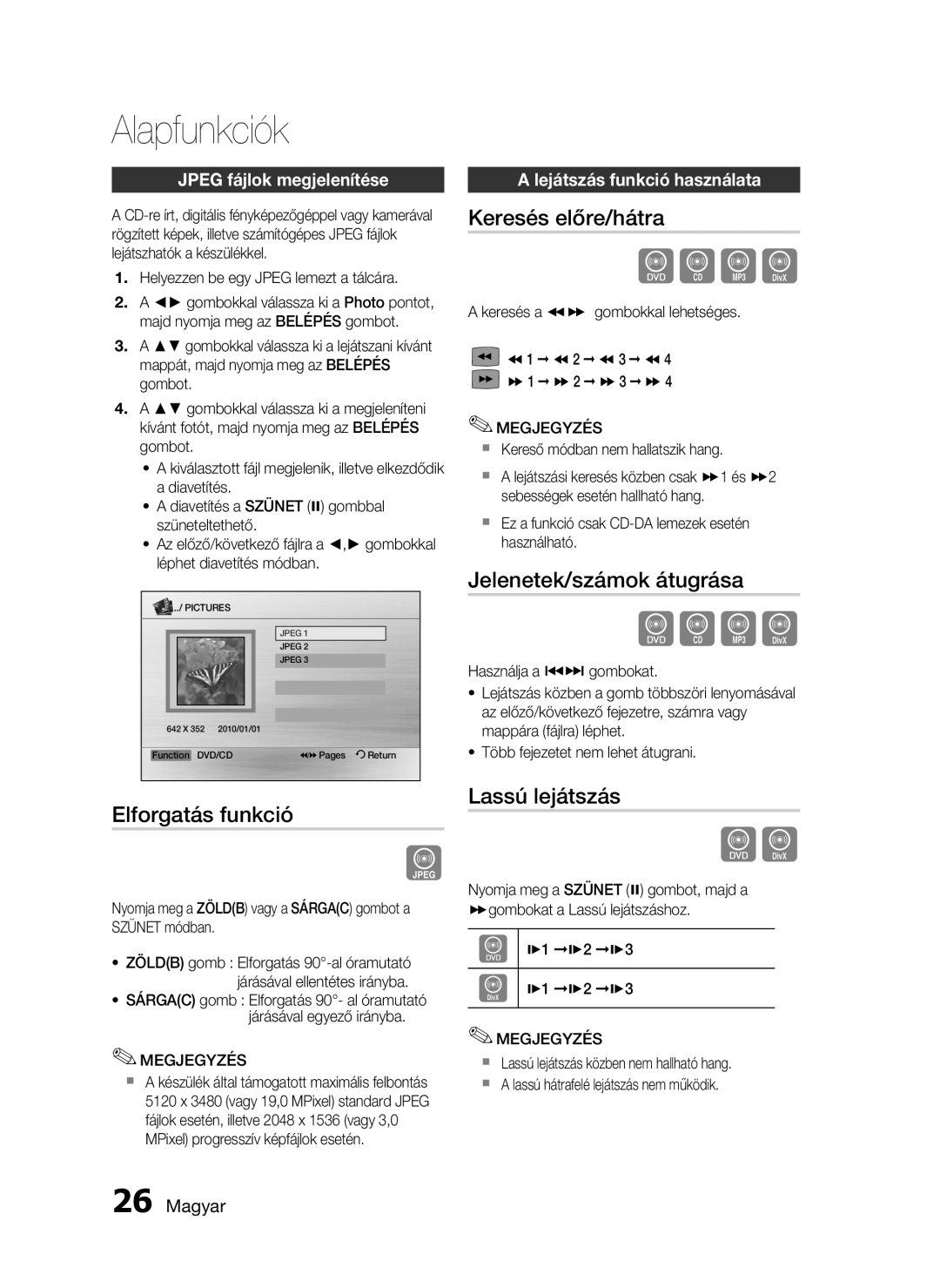 Samsung HT-D720/XE manual Keresés előre/hátra, Jelenetek/számok átugrása, Elforgatás funkció, Lassú lejátszás 