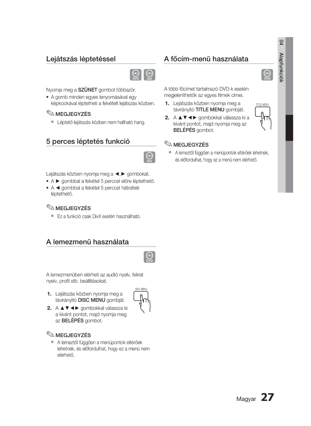 Samsung HT-D720/XE manual Lejátszás léptetéssel, Perces léptetés funkció, Főcím-menü használata, Lemezmenü használata 