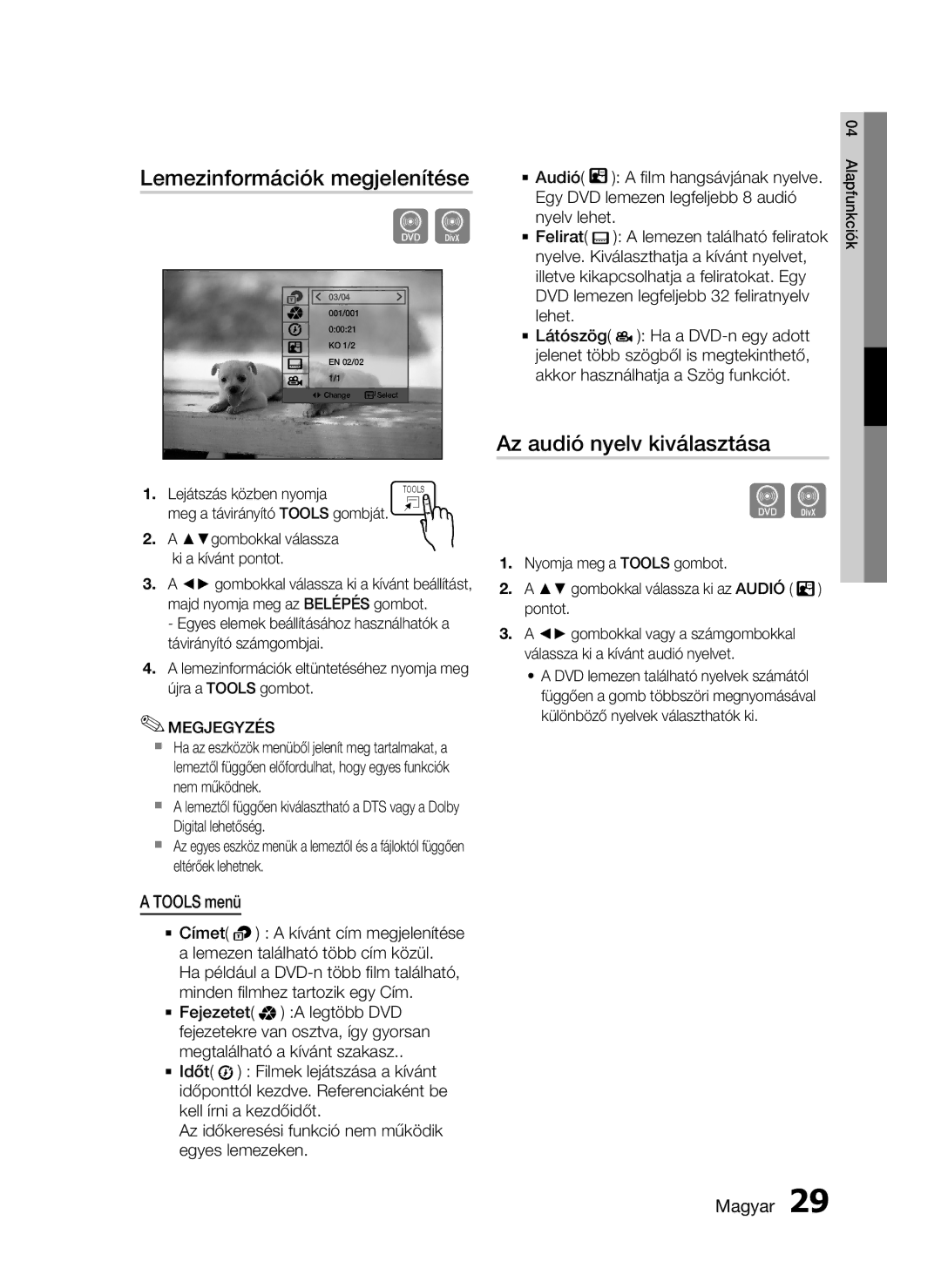 Samsung HT-D720/XE manual Lemezinformációk megjelenítése, Az audió nyelv kiválasztása, Tools menü 