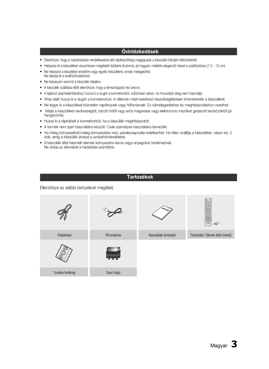 Samsung HT-D720/XE manual Óvintézkedések, Tartozékok, Magyar , Ellenőrizze az alábbi tartozékok meglétét 