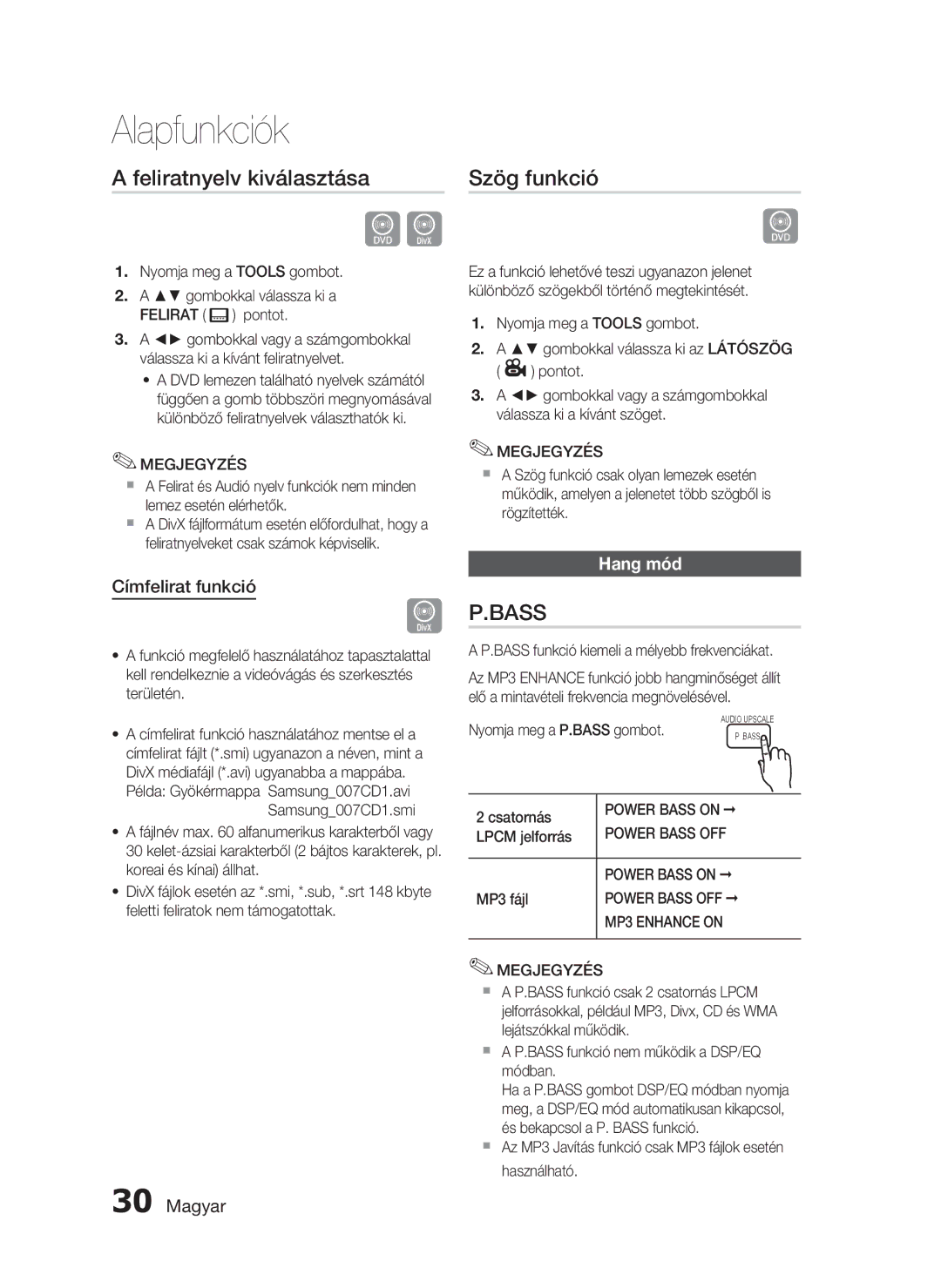 Samsung HT-D720/XE manual Feliratnyelv kiválasztása, Szög funkció, Címfelirat funkció, Hang mód 