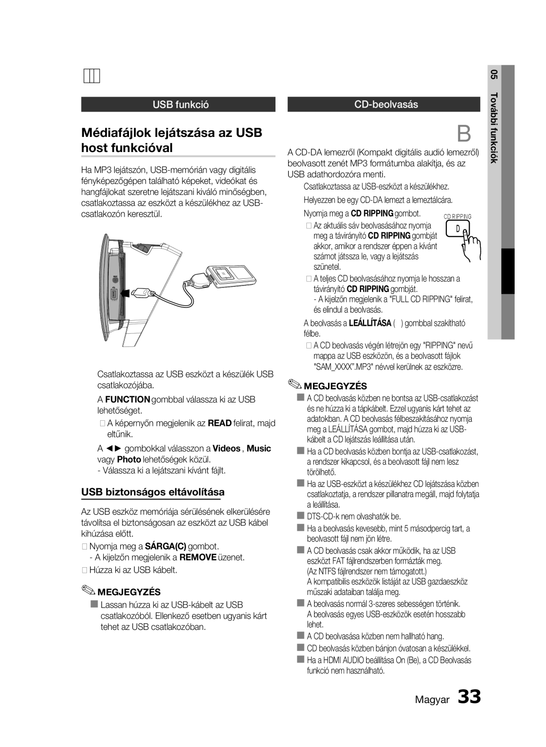 Samsung HT-D720/XE manual További funkciók, Médiafájlok lejátszása az USB host funkcióval, USB funkció, CD-beolvasás 